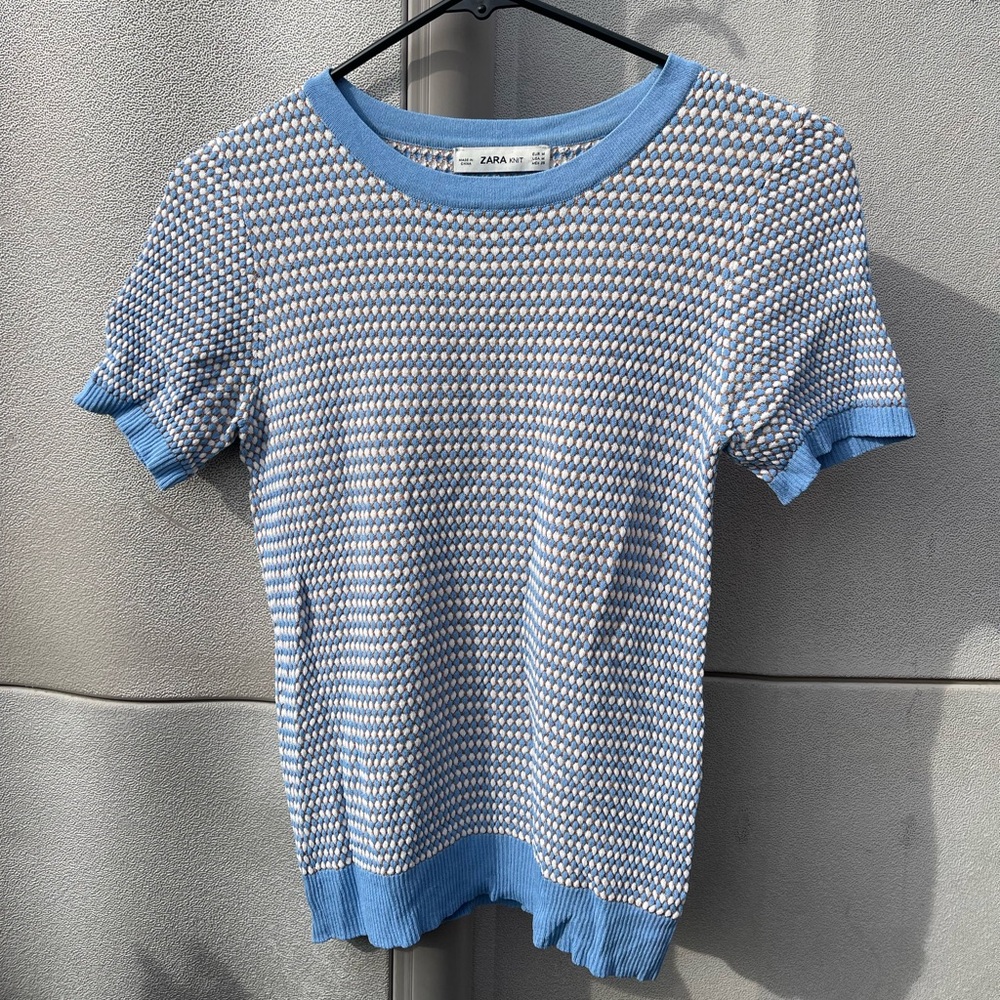 Zara Knit Top Shirt Light Blue Gold Women’s  Sz M